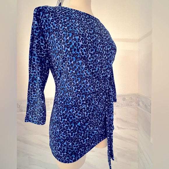 Ann Taylor Cheetah Print Blue Black 3/4 Sleeves Stretch Top Sz S - Picture 2 of 8